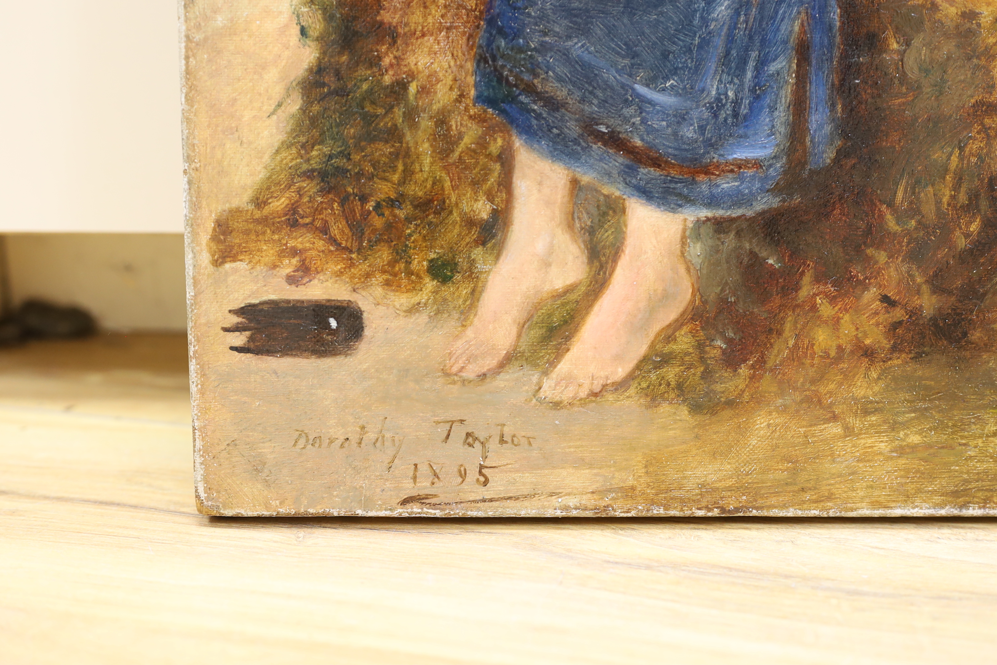 Dorothy Taylor, oil on canvas, Fishergirl on the shore, signed and dated 1895, 41 x 30cm, unframed